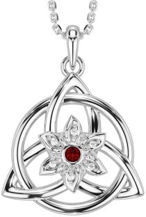 Diamond Garnet Silver Celtic Trinity Knot Irish Flower Necklace