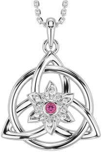 Diamond Pink Tourmaline Silver Celtic Trinity Knot Irish Flower Necklace