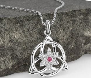 Diamond Pink Tourmaline Silver Celtic Trinity Knot Irish Flower Necklace