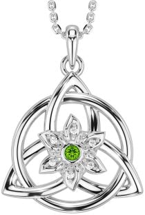 Diamond Peridot Silver Celtic Trinity Knot Irish Flower Necklace