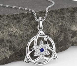 Diamond Sapphire Silver Celtic Trinity Knot Irish Flower Necklace