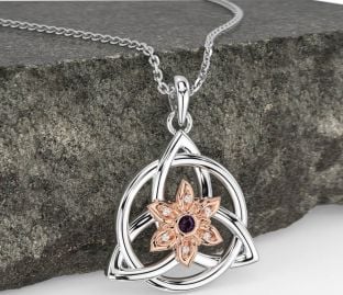 Diamond Alexandrite Rose Gold Silver Celtic Trinity Knot Irish Flower Necklace