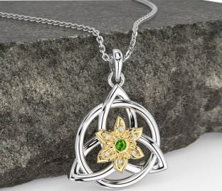 Diamant Peridot Zlato stříbrný keltský Trojice Uzel irština Květ Náhrdelník