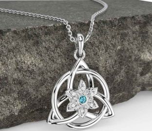Diamond Aquamarine White Gold Celtic Trinity Knot Irish Flower Necklace