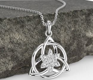 Diamond White Gold Celtic Trinity Knot Irish Flower Necklace