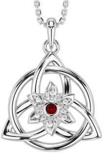 Diamond Garnet White Gold Celtic Trinity Knot Irish Flower Necklace