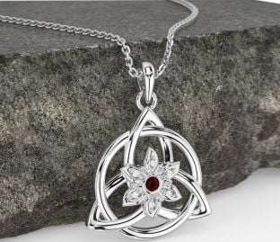Diamond Garnet White Gold Celtic Trinity Knot Irish Flower Necklace