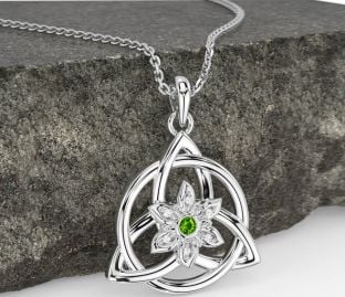Elmas Peridot Beyaz Altın Kelt Üçlü Düğüm İrlandalı Çiçek Kolye