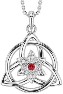 Diamond Ruby White Gold Celtic Trinity Knot Irish Flower Necklace