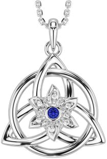 Diamond Sapphire White Gold Celtic Trinity Knot Irish Flower Necklace