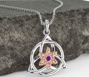 Diamond Amethyst White Rose Gold Celtic Trinity Knot Irish Flower Necklace