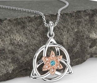 Diamond Aquamarine White Rose Gold Celtic Trinity Knot Irish Flower Necklace