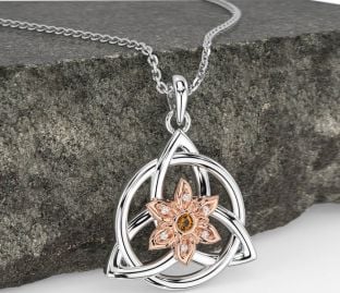 Diamond Citrine White Rose Gold Celtic Trinity Knot Irish Flower Necklace