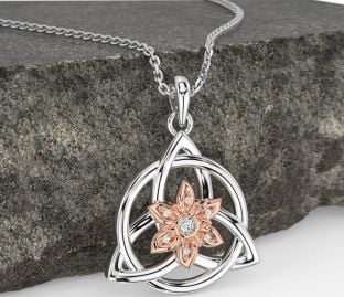 Diamond White Rose Gold Celtic Trinity Knot Irish Flower Necklace