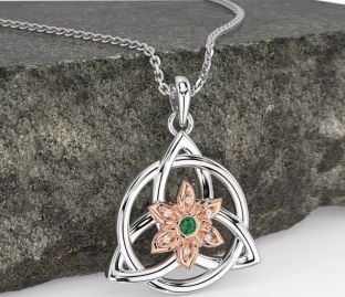 Diamond Emerald White Rose Gold Celtic Trinity Knot Irish Flower Necklace