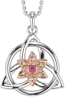 Diamond Pink Tourmaline White Rose Gold Celtic Trinity Knot Irish Flower Necklace