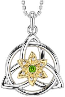 Diamond Peridot White Yellow Gold Celtic Trinity Knot Irish Flower Necklace