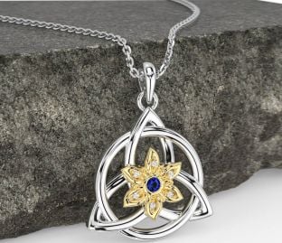 Diamond Sapphire White Yellow Gold Celtic Trinity Knot Irish Flower Necklace