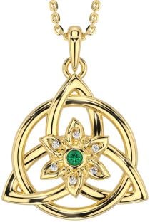 Diamond Emerald Gold Celtic Trinity Knot Irish Flower Necklace