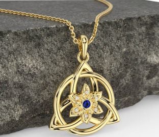 Diamond Sapphire Gold Celtic Trinity Knot Irish Flower Necklace