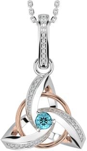 Diamond Aquamarine Rose Gold Silver Celtic Trinity Knot Necklace