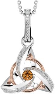 Diamond Citrine Rose Gold Silver Celtic Trinity Knot Necklace