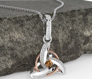 Diamond Citrine Rose Gold Silver Celtic Trinity Knot Necklace