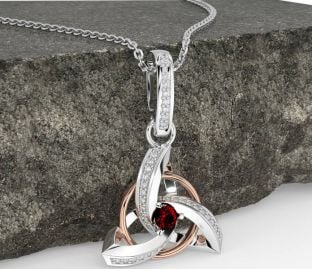 Diamond Garnet Rose Gold Silver Celtic Trinity Knot Necklace