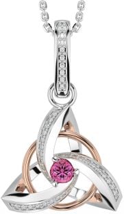 Diamond Pink Tourmaline Rose Gold Silver Celtic Trinity Knot Necklace