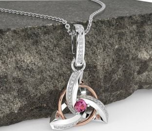 Diamond Pink Tourmaline Rose Gold Silver Celtic Trinity Knot Necklace