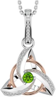 Diamond Peridot Rose Gold Silver Celtic Trinity Knot Necklace