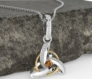Diamond Citrine Gold Silver Celtic Trinity Knot Necklace