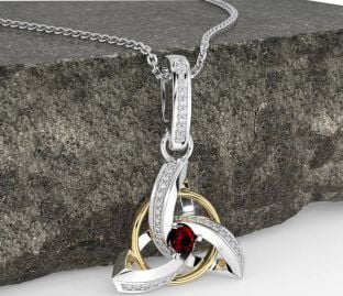 Diamond Garnet Gold Silver Celtic Trinity Knot Necklace