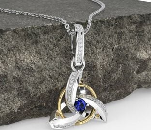 Diamond Sapphire Gold Silver Celtic Trinity Knot Necklace