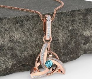 Diamond Aquamarine Rose Gold Silver Celtic Trinity Knot Necklace