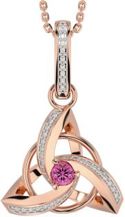 Diamond Pink Tourmaline Rose Gold Silver Celtic Trinity Knot Necklace