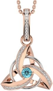 Diamond Aquamarine Rose Gold Silver Celtic Trinity Knot Necklace