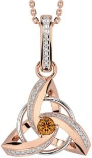 Diamond Citrine Rose Gold Silver Celtic Trinity Knot Necklace