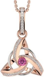 Diamond Pink Tourmaline Rose Gold Silver Celtic Trinity Knot Necklace