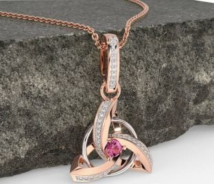 Diamond Pink Tourmaline Rose Gold Silver Celtic Trinity Knot Necklace