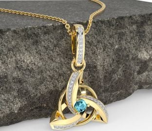 Diamond Aquamarine Gold Silver Celtic Trinity Knot Necklace