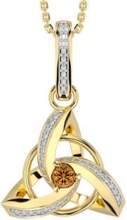 Diamond Citrine Gold Silver Celtic Trinity Knot Necklace