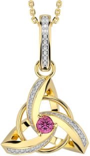 Diamond Pink Tourmaline Gold Silver Celtic Trinity Knot Necklace