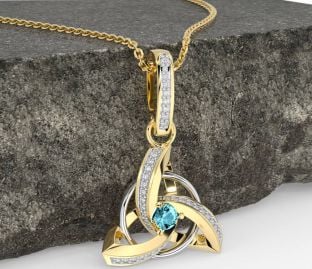 Diamond Aquamarine Gold Silver Celtic Trinity Knot Necklace
