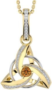 Diamond Citrine Gold Silver Celtic Trinity Knot Necklace