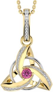 Diamond Pink Tourmaline Gold Silver Celtic Trinity Knot Necklace