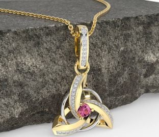 Diamond Pink Tourmaline Gold Silver Celtic Trinity Knot Necklace