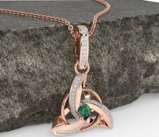 Diamond Emerald Rose Gold Celtic Trinity Knot Necklace