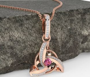 Diamond Pink Tourmaline Rose Gold Celtic Trinity Knot Necklace