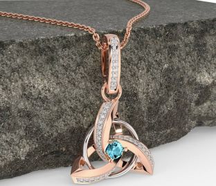 Diamond Aquamarine White Rose Gold Celtic Trinity Knot Necklace